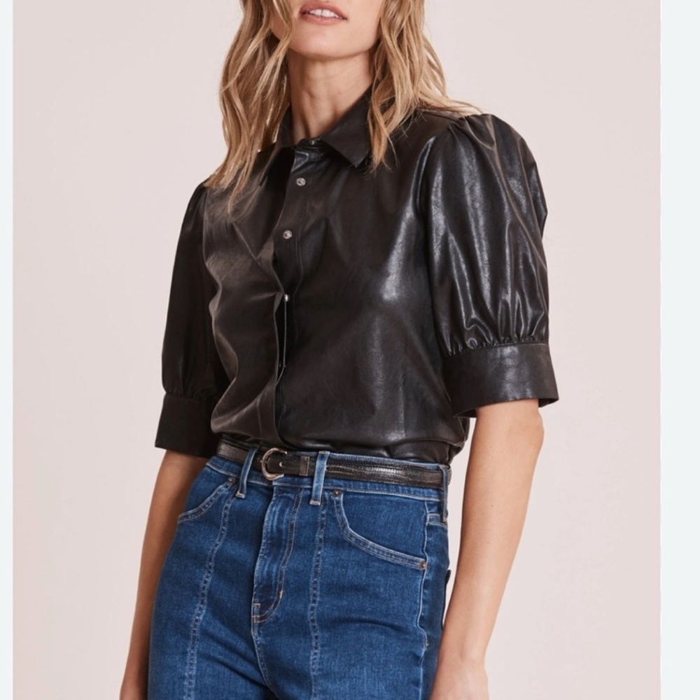 Tyler Boe Alice Vegan Leather Top Black Puff Sleeve Button Front Blouse